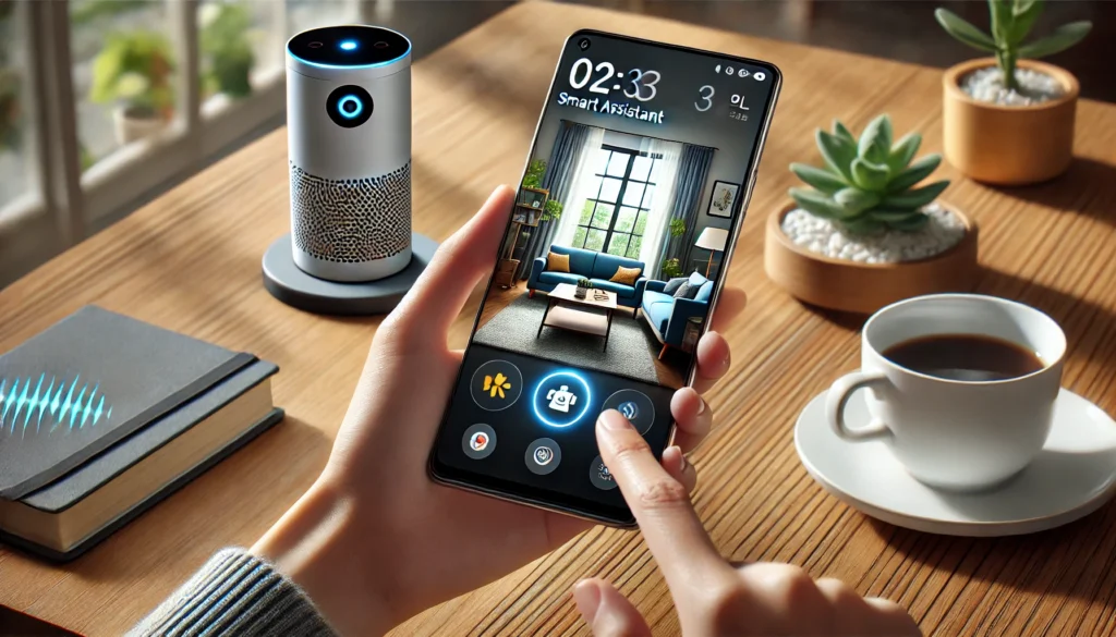 Penggunaan smartphone modern sebagai asisten cerdas, dengan fitur AI seperti pengenalan suara dan kontrol perangkat rumah pintar.
