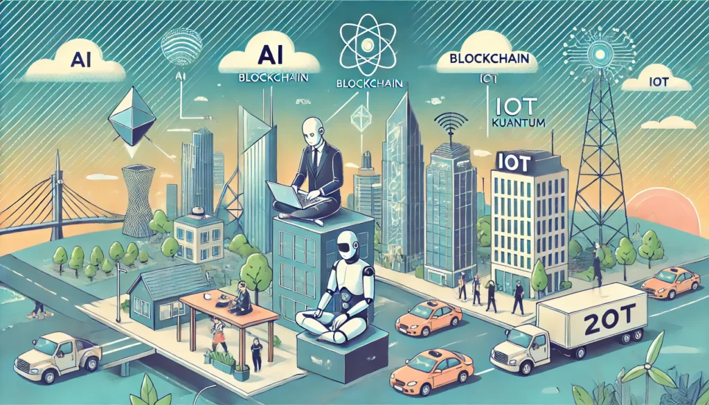 ilustrasi futuristik dan realistis tentang inovasi teknologi di tahun 2025, menampilkan AI, blockchain, IoT, dan komputasi kuantum dalam suasana kota modern
