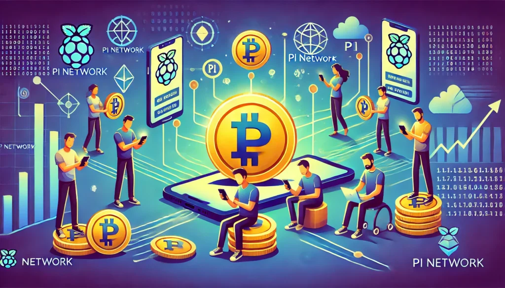 Ilustrasi realistis yang menampilkan komunitas pengguna Pi Network, dengan orang-orang menggunakan smartph